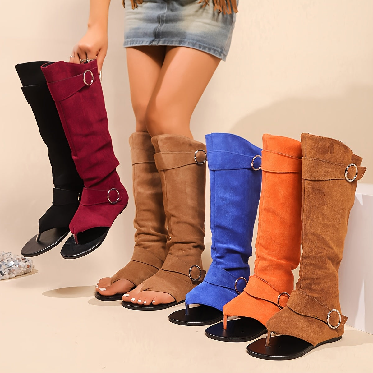 Women's Summer Slouchy Booties with Double Buckle Straps - Breathable Cover Flat Heel, Open Toe, Easy Slip-On Style in Black, Burgundy, Blue, Orange, Brown - Versatile & Comfortable for Casual Attire